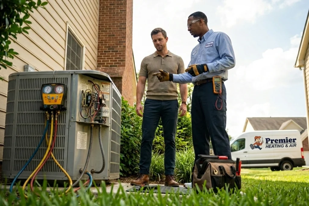 A homeowner and an hvac tech discussing heat pumps.