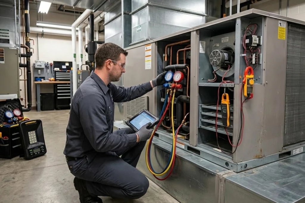 Commercial HVAC technician inspecting filters and refrigerant lines