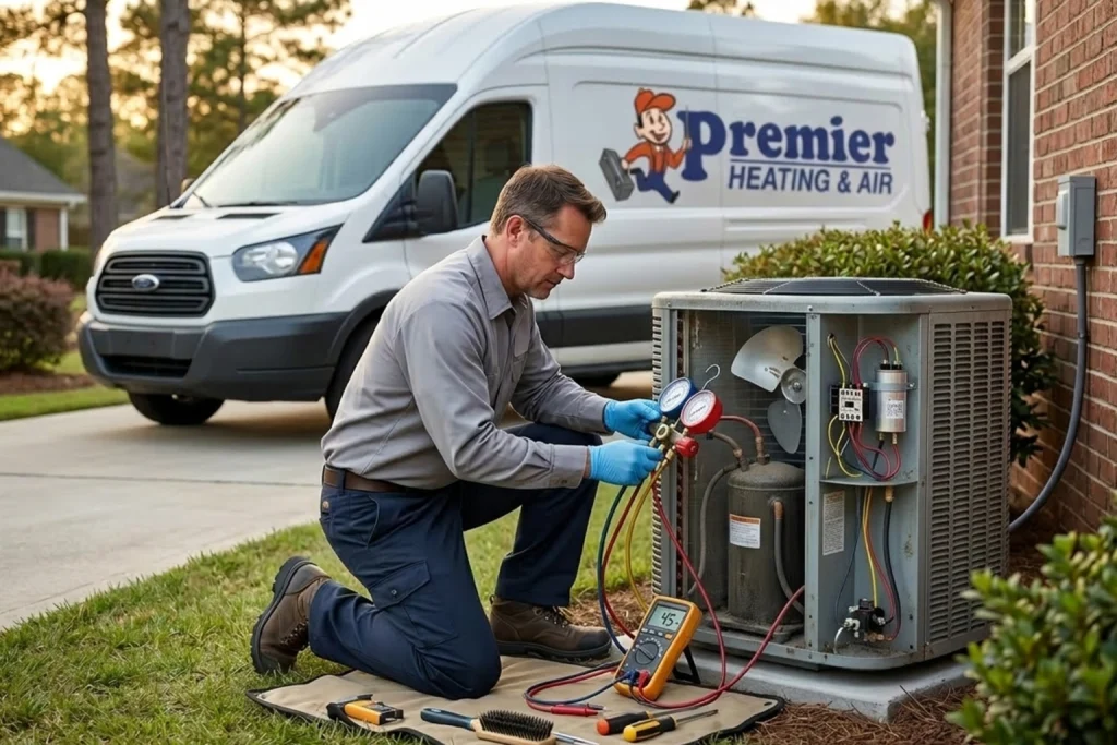 HVAC technician inspecting outdoor AC condenser for repair
