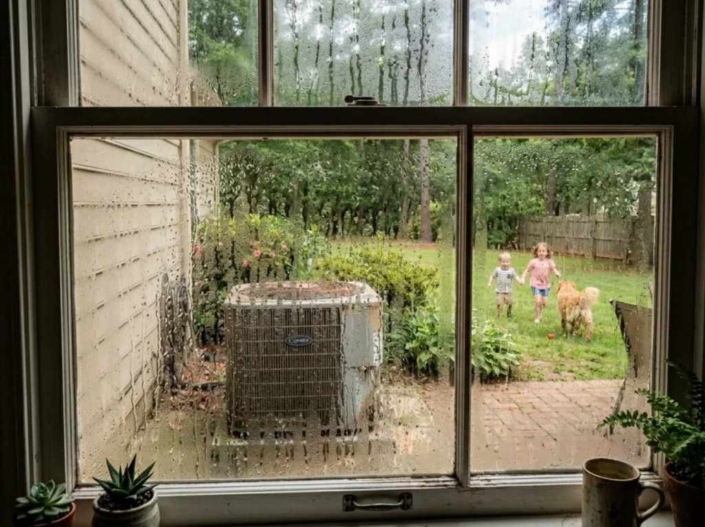 Humidity build up on the window of a Conyers, GA home.