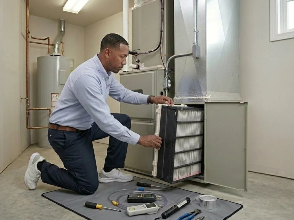 Indoor air quality technician testing a whole-home air purifier in Dublin Georgia