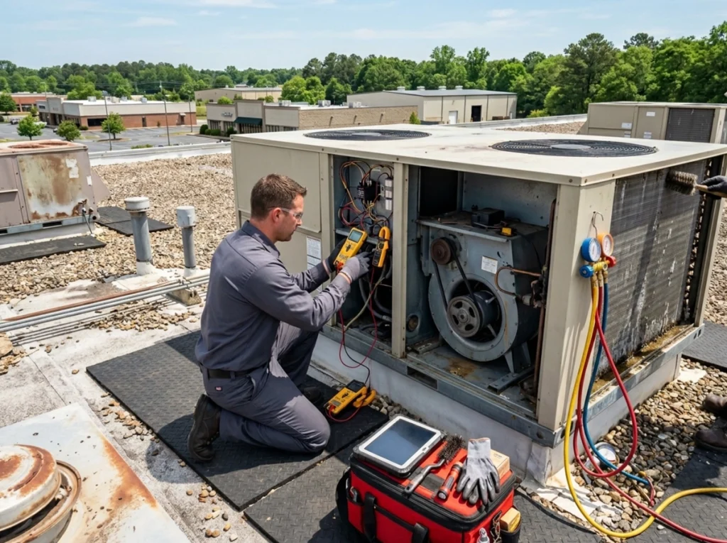 Commercial HVAC technician servicing rooftop unit before summer
