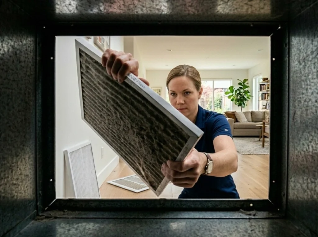 A homeowner is changing a dirty air filter.