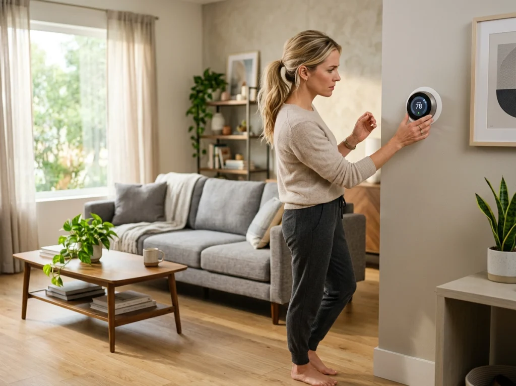 A homeowner troubleshooting her AC issue by checking the thermostat.