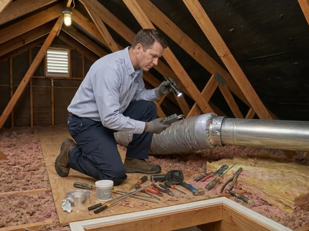 HVAC technician inspecting attic ductwork and insulation in Nashville.