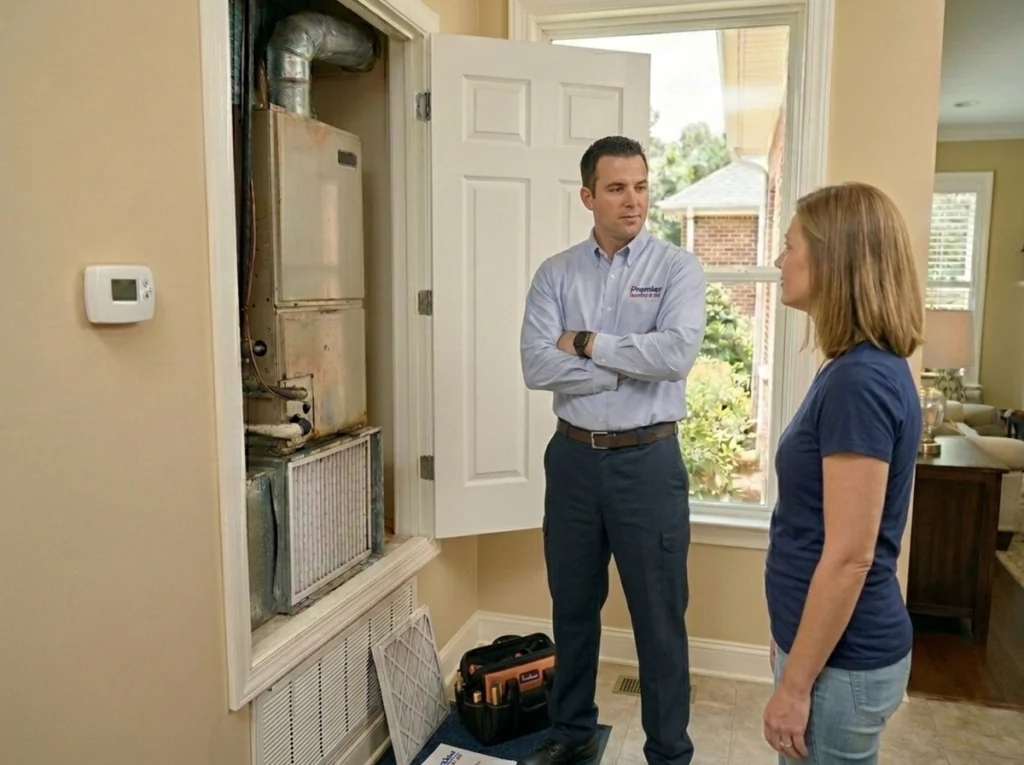 Middle Georgia homeowner discussing air conditioner lifespan with an HVAC technician