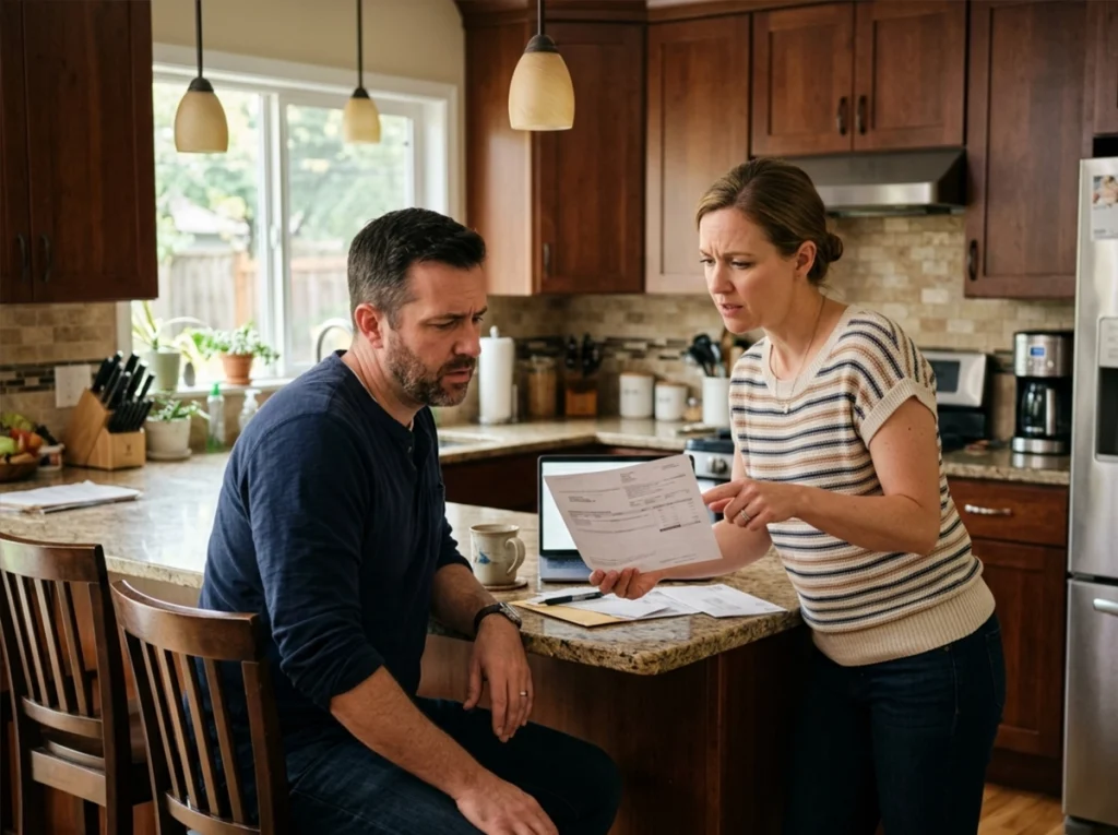 A wife showing her husband a high electric bill because their AC keeps running.+