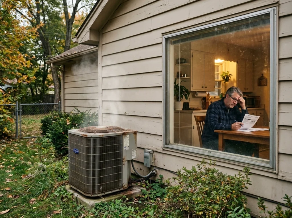 A view of an old AC condenser unit slightly smoking and a homeowner sitting on his kitchen table, looking at a high electric bill.