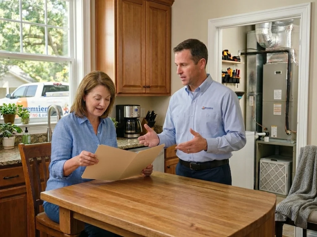 A Premier HVAC tech explaining the Maintenance Club with the homeowner.