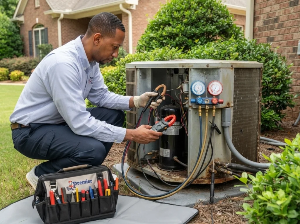 HVAC technician evaluating an aging AC condenser in Conyers Georgia
