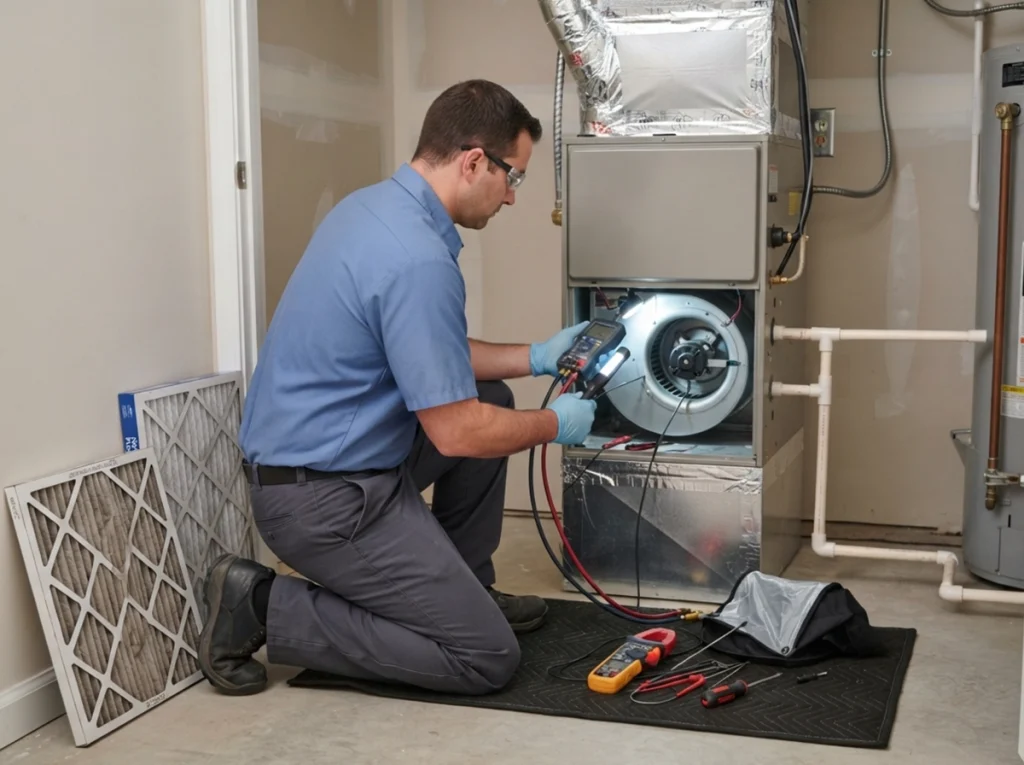Technician measuring HVAC static pressure and blower airflow