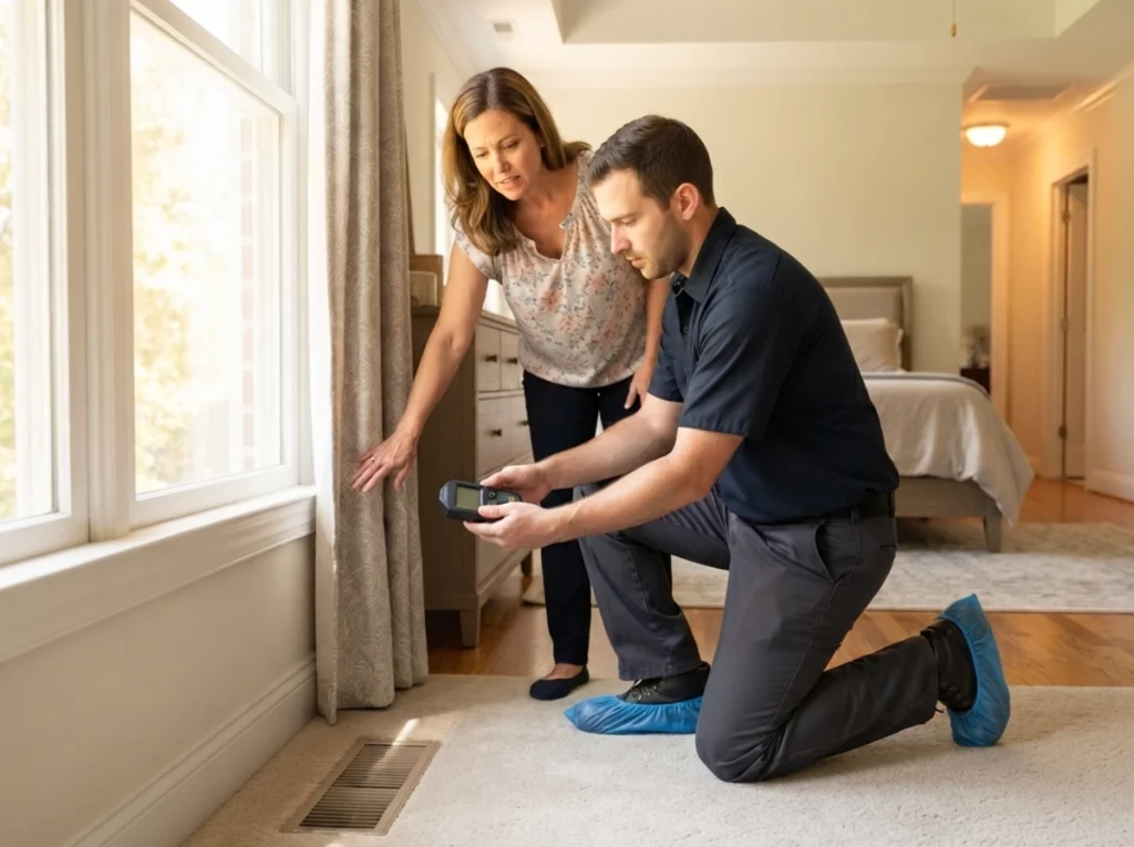 HVAC technician testing weak airflow in a hot Forsyth bedroom