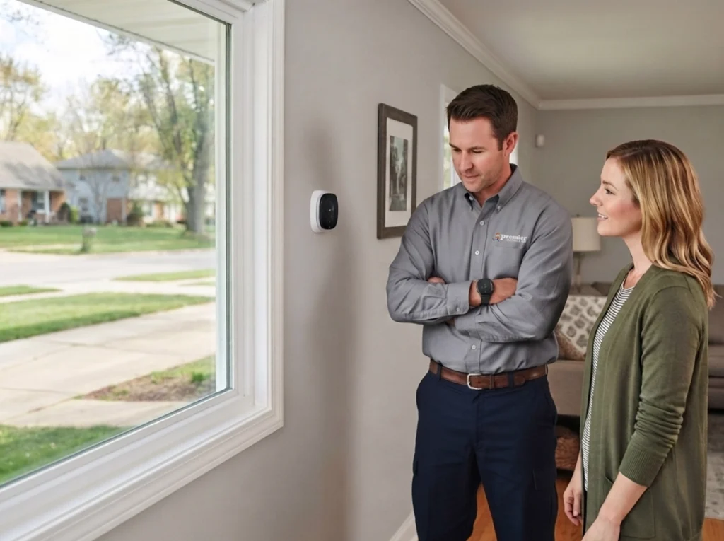 AnHVAC technician discussing a smart thermostat