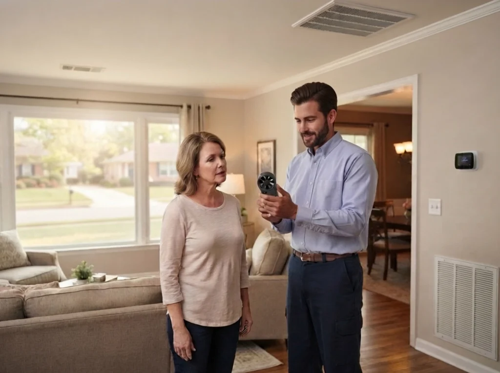 Memphis homeowner discussing weak AC airflow with an HVAC technician