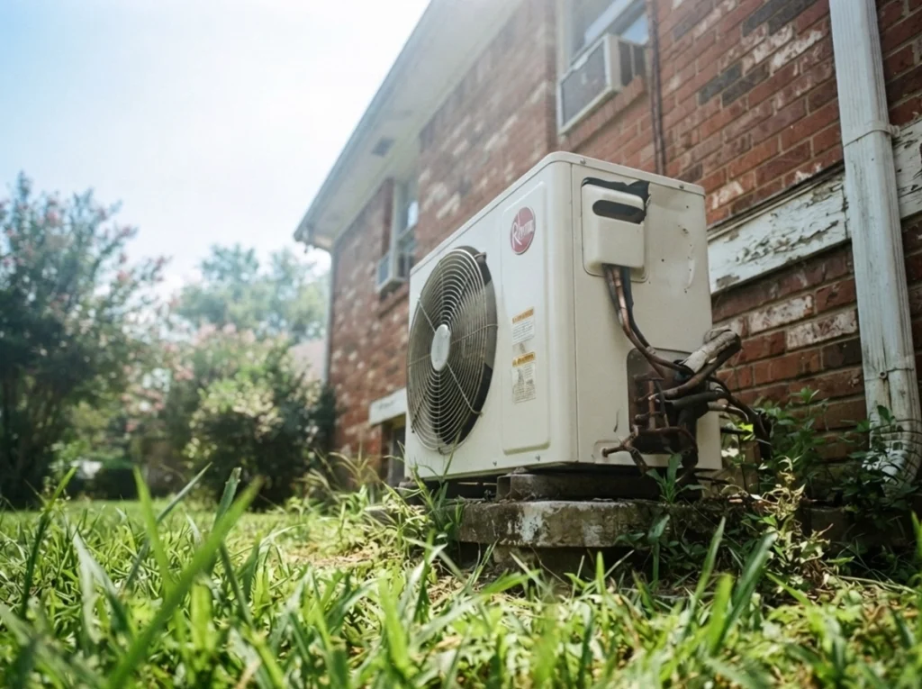 An AC unit on the side of Memphis Home, struggling under the heavy humidity.