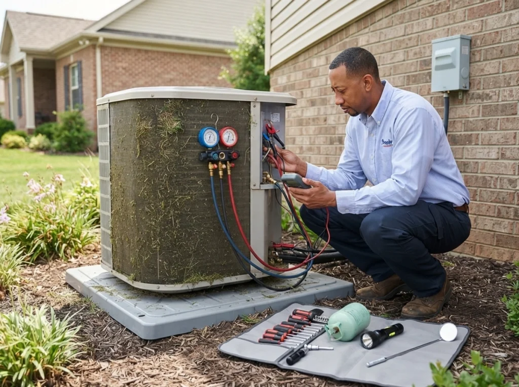 HVAC technician diagnosing an AC struggling in Kentucky heat