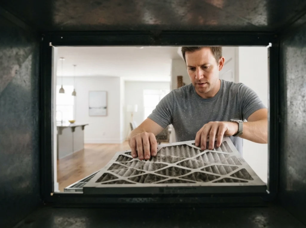 A homeowner changing a dirty air filter.