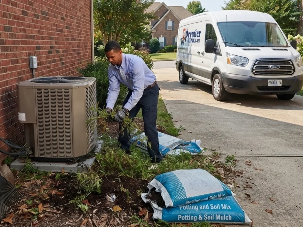 HVAC technician clearing debris from an outdoor condenser in Nashville