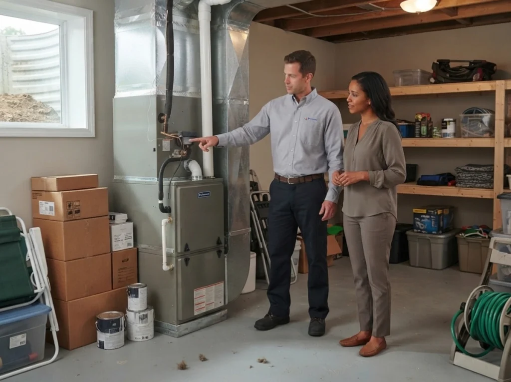 An HVAC tech doing an inspection of an HVAC system in the basement.