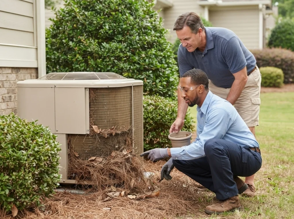 Perry homeowner reviewing summer debris around an outdoor AC unit