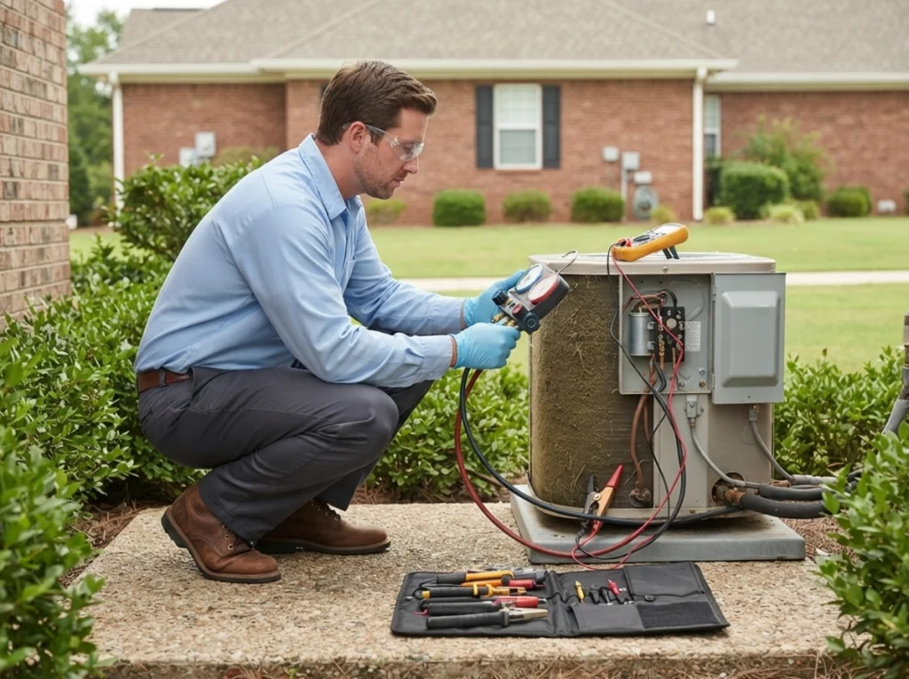 Premier-style technician performing an AC heat-wave readiness inspection