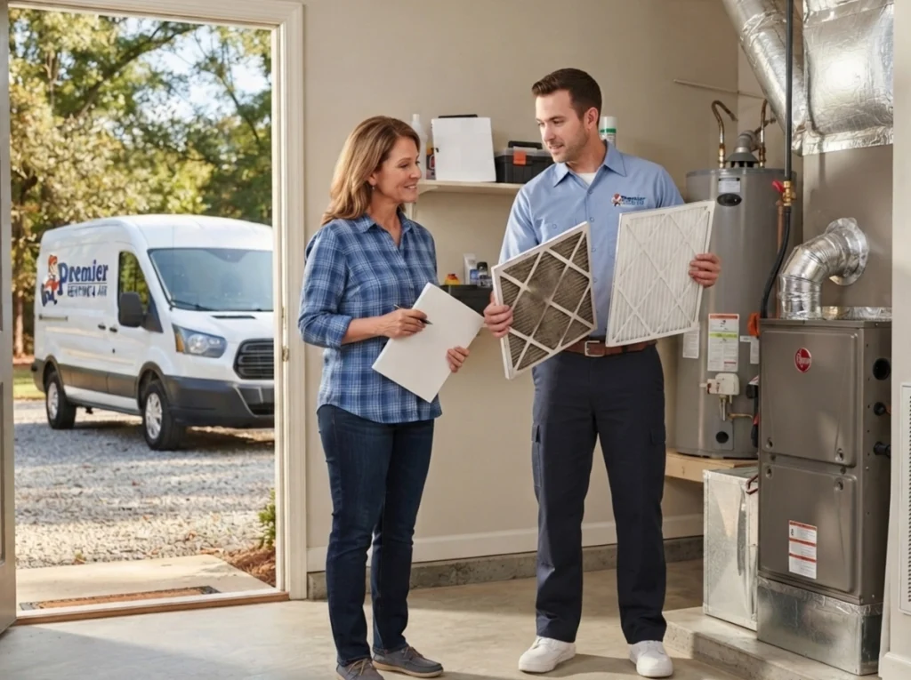 Sandersville homeowner reviewing a clogged HVAC filter with a technician