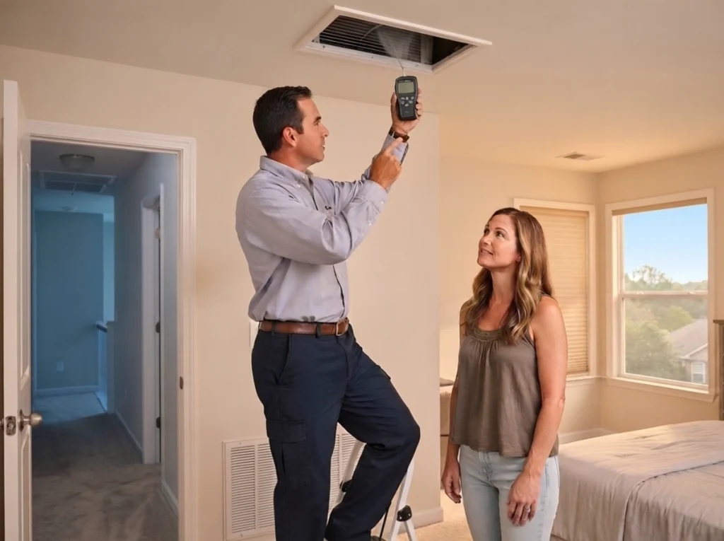 Swainsboro homeowner discussing weak upstairs airflow with an HVAC technician