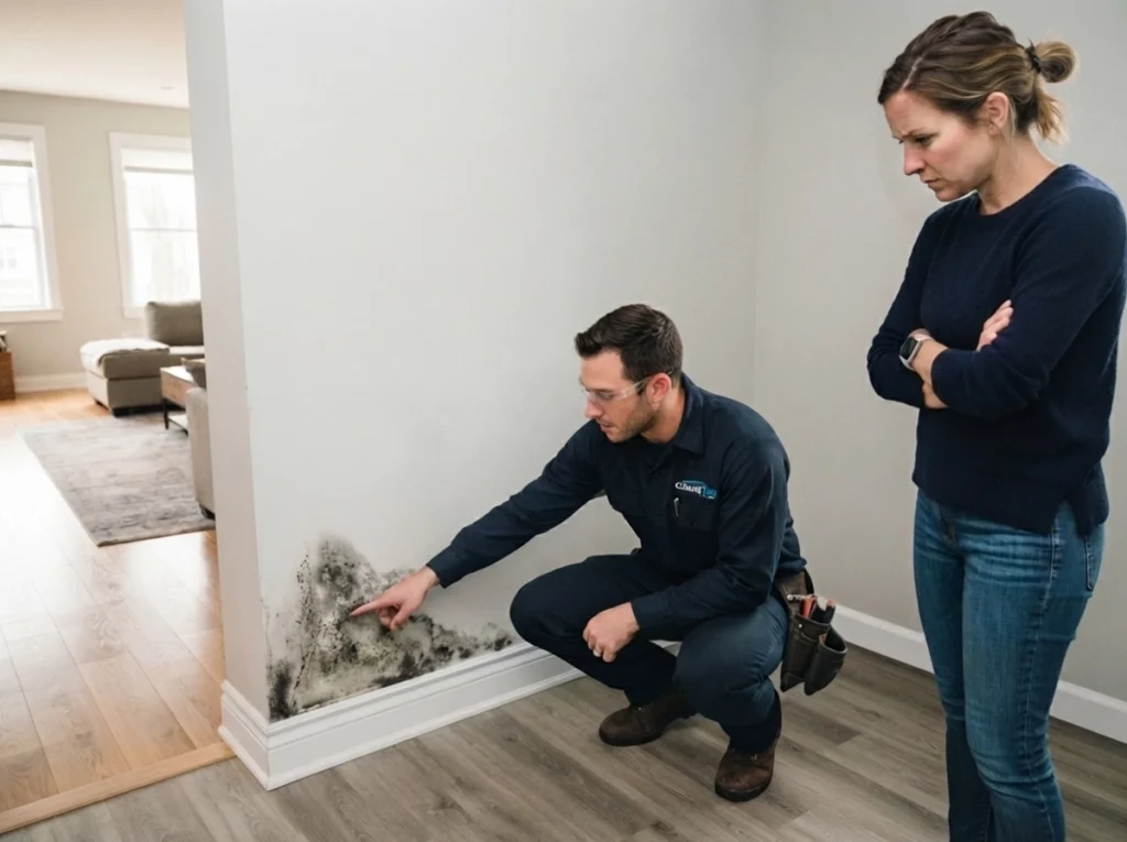 AnHVAC technician showing a homeowner the mold in her wall