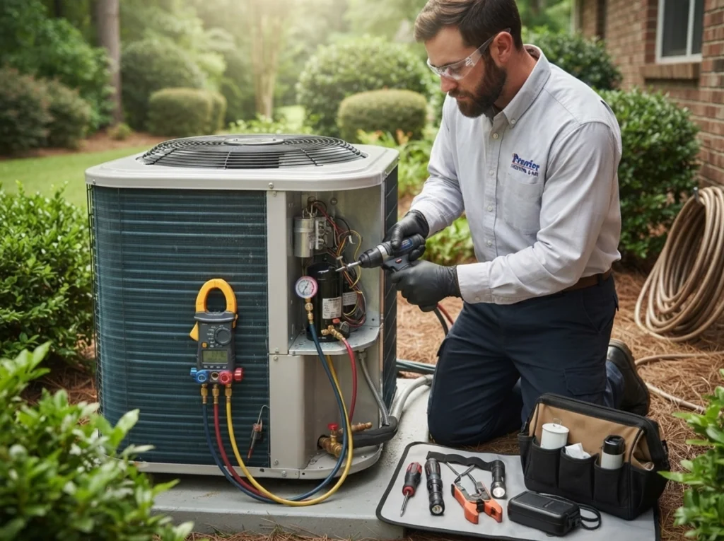 Valdosta HVAC technician testing an AC system during summer maintenance