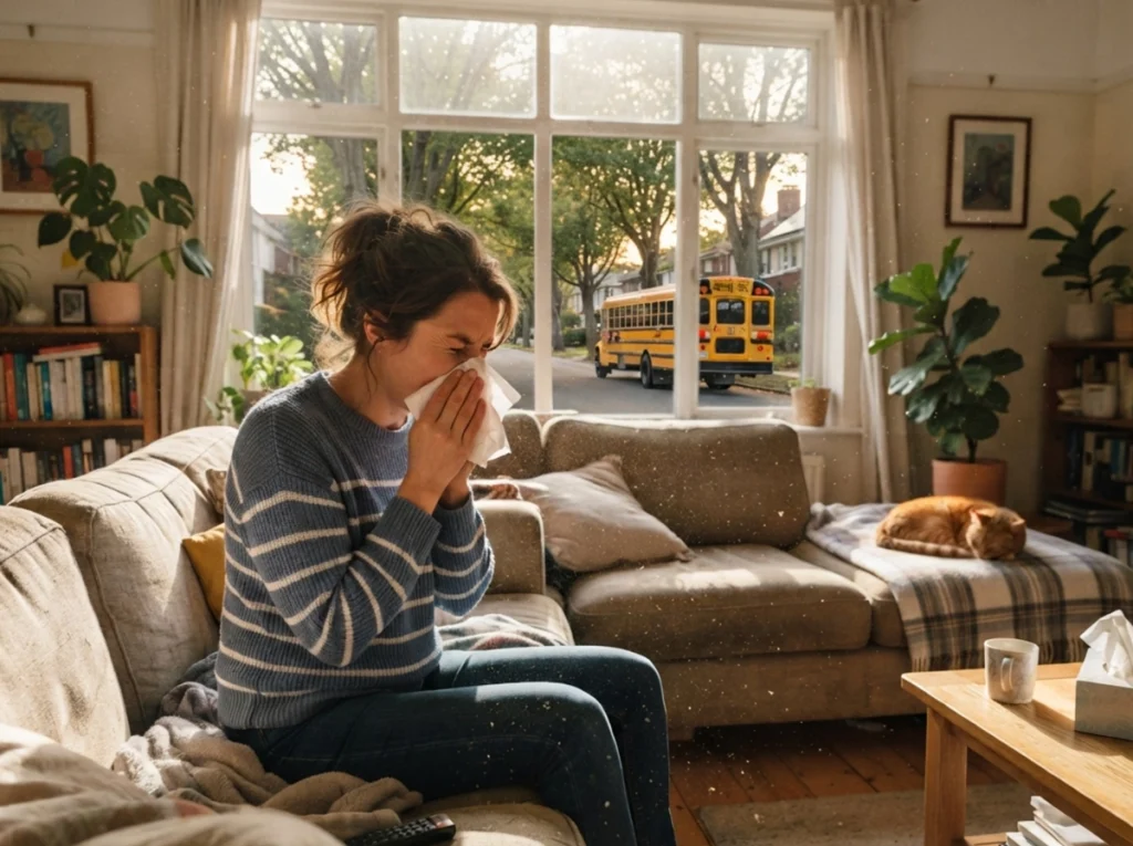 A homeowner suffering an allergy attack on her couch.