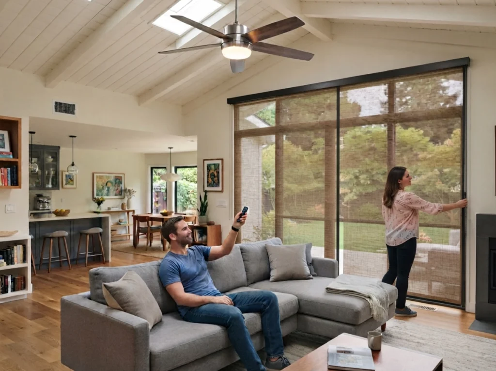 Homeowner couples using smart ways to lower their electric bill like ceiling fans, and window shades.