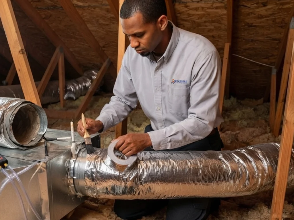 HVAC technician sealing and testing leaking ductwork in a Georgia attic