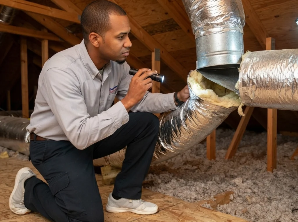Premier technician inspecting a disconnected attic duct in Memphis.