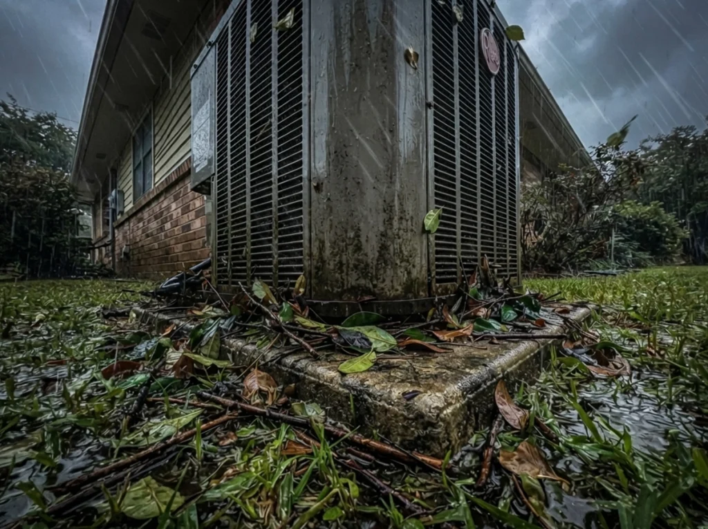 AC unit covered in debris from a summer storm.