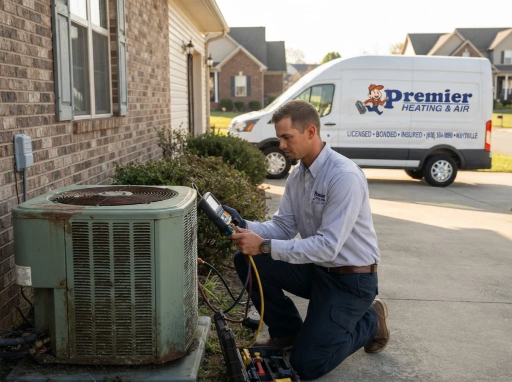 Premier HVAC technician performing annual AC maintenance in Maysville