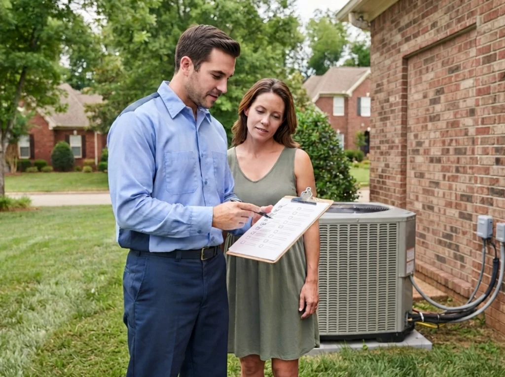 Nashville homeowner reviewing a summer AC maintenance checklist with a technician