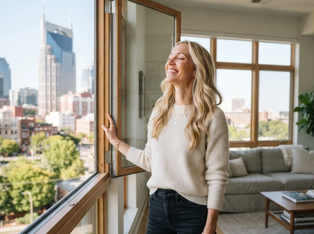 A women breathing fresh air in her Nashville home.