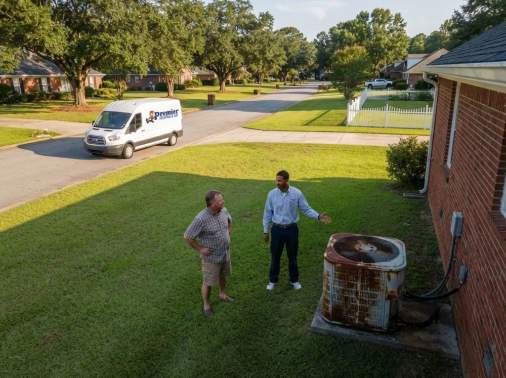 HVAC technician and a homeowner discussing his aging AC condenser unit in Perry Georgia.