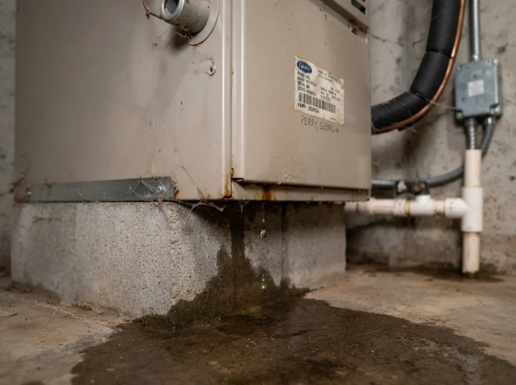 A leaking indoor AC unit in a perry basement