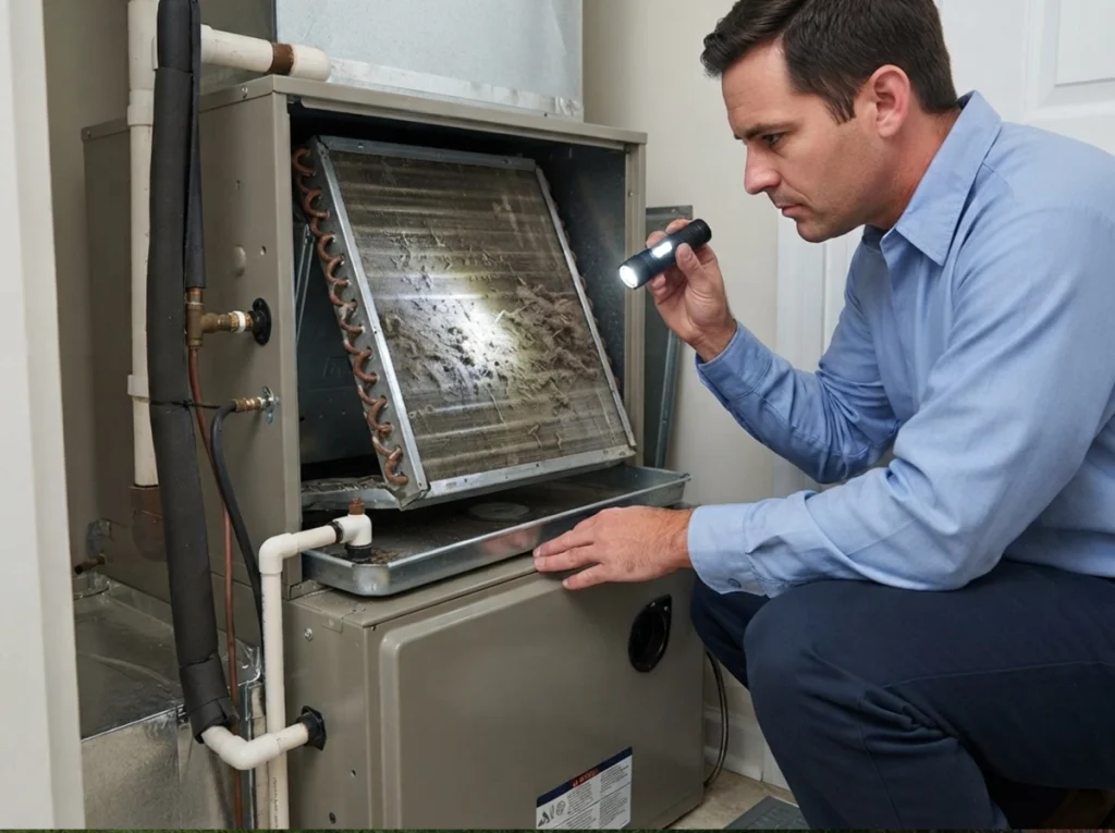 Premier technician inspecting a dirty evaporator coil in Sandersville