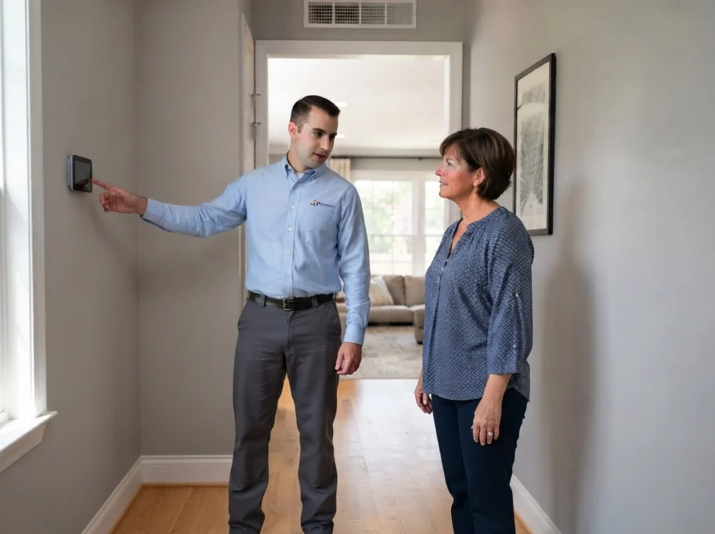 Premier technician explaining thermostat placement and smart temperature control