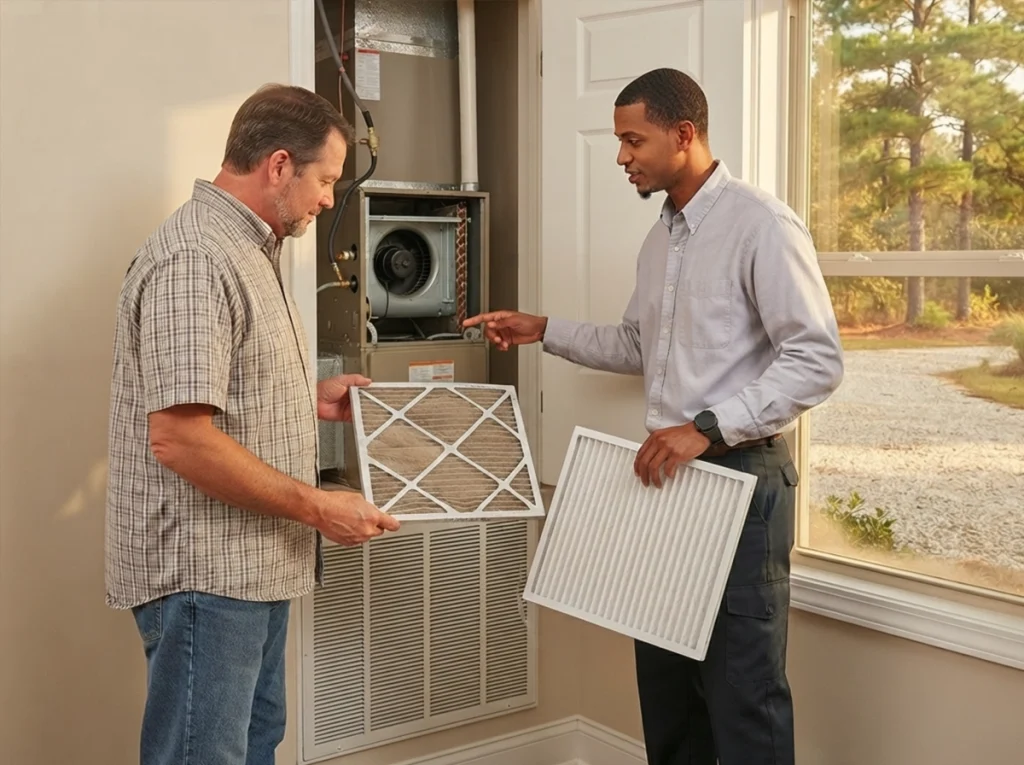 Premier technician showing a dust-clogged HVAC filter in Swainsboro Georgia