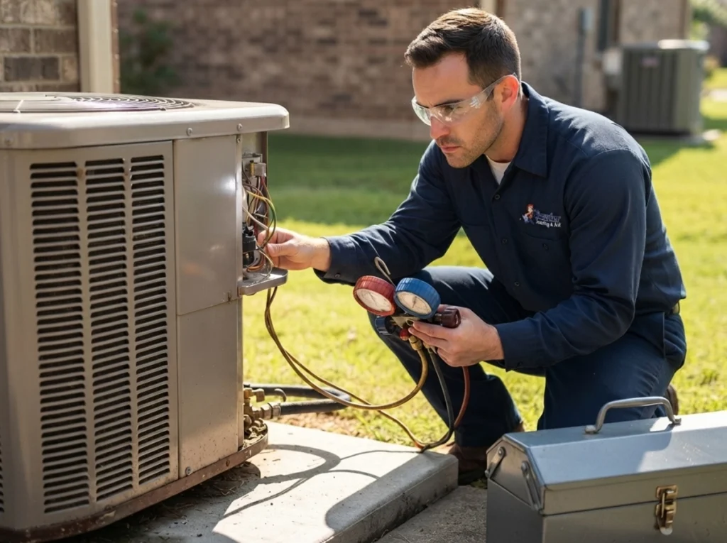 AnHVAC technician checking an AC condenser unit.