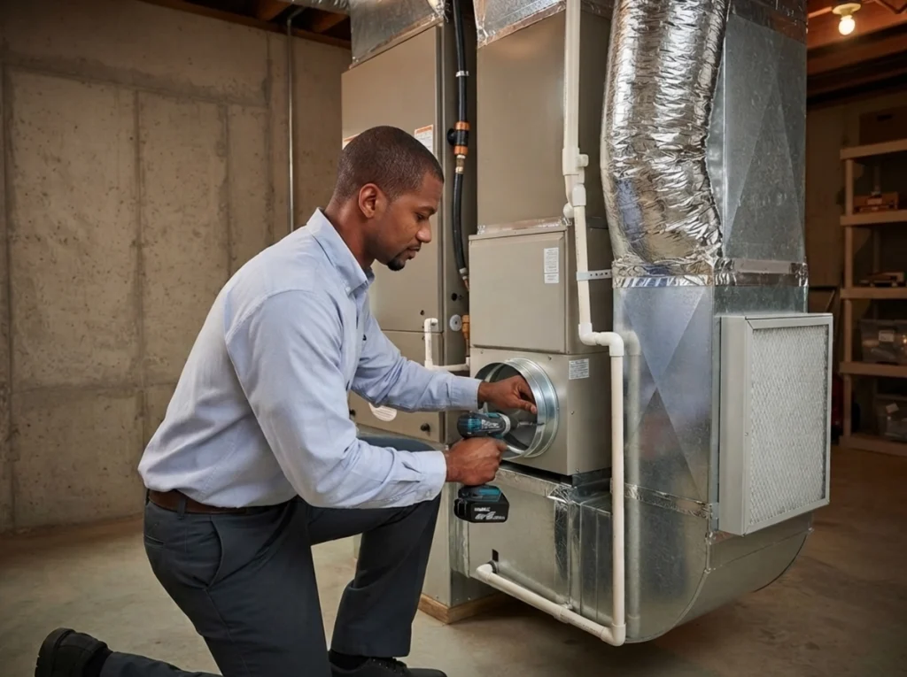 HVAC technician installing a whole-home dehumidifier in a Valdosta home