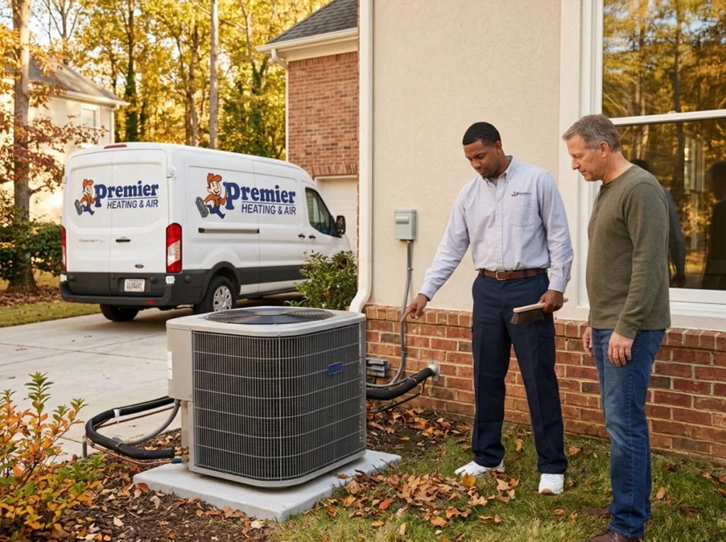 Homeowner and HVAC technician preparing an outdoor unit for fall in Conyers Georgia