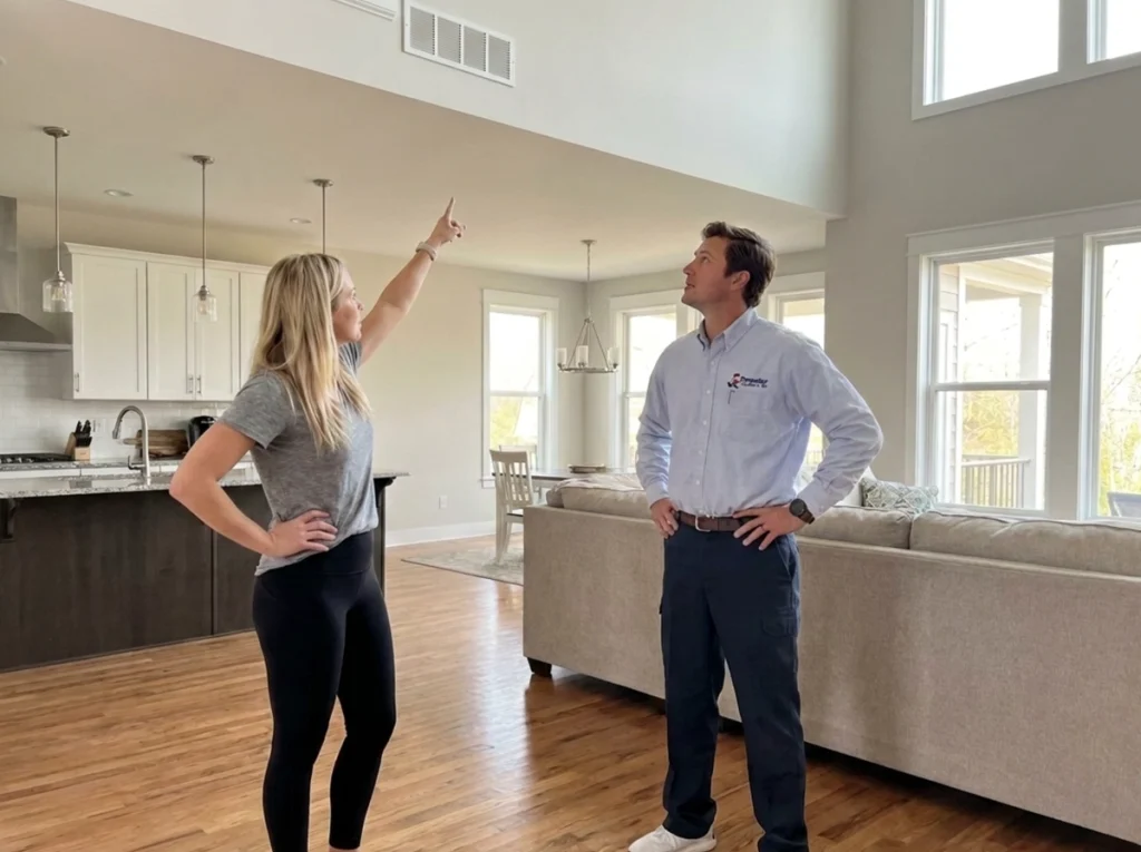 A homeowner and an HVAC technician discussing more air coming from the AC vents.