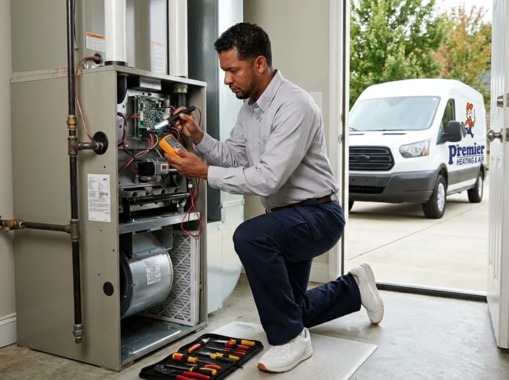 HVAC technician performing fall heating maintenance in Dublin Georgia