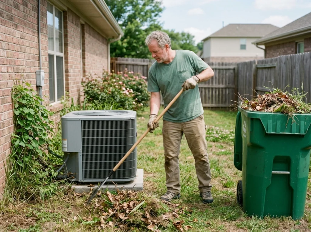 A homeowner cleaning around their AC unit before temps drop.