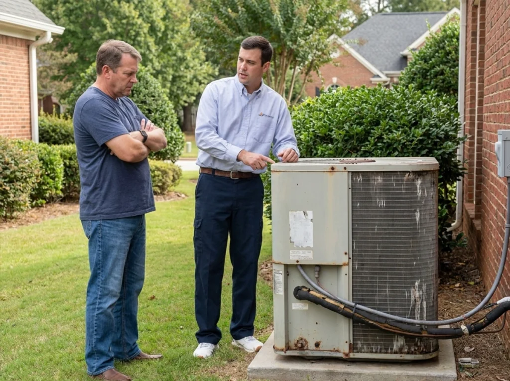 Forsyth homeowner discussing signs of an aging HVAC system with technician