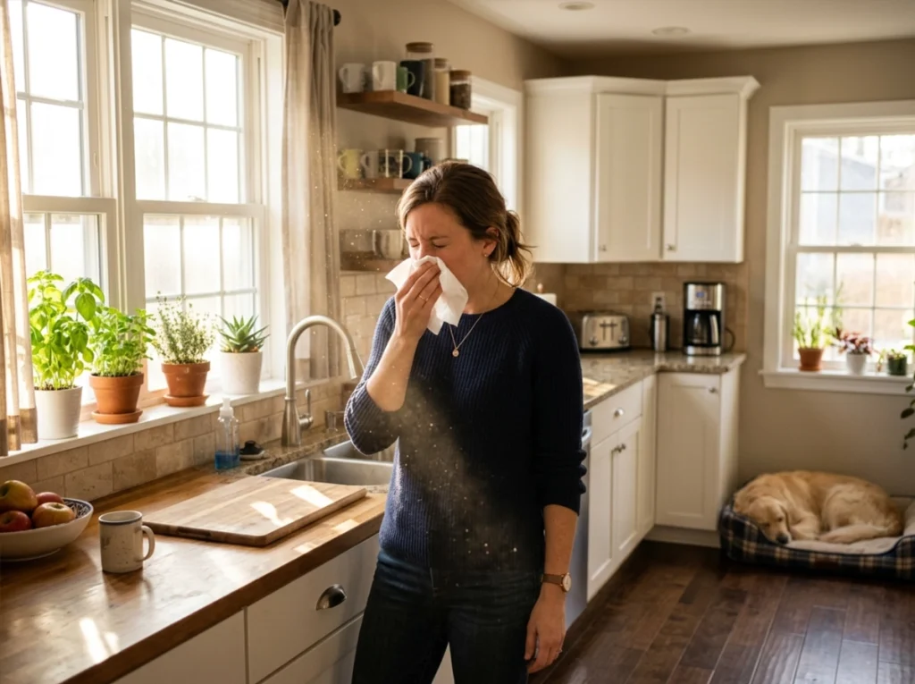 A homeowner in her kitchen suffering an allergy attack because of fall allergens.